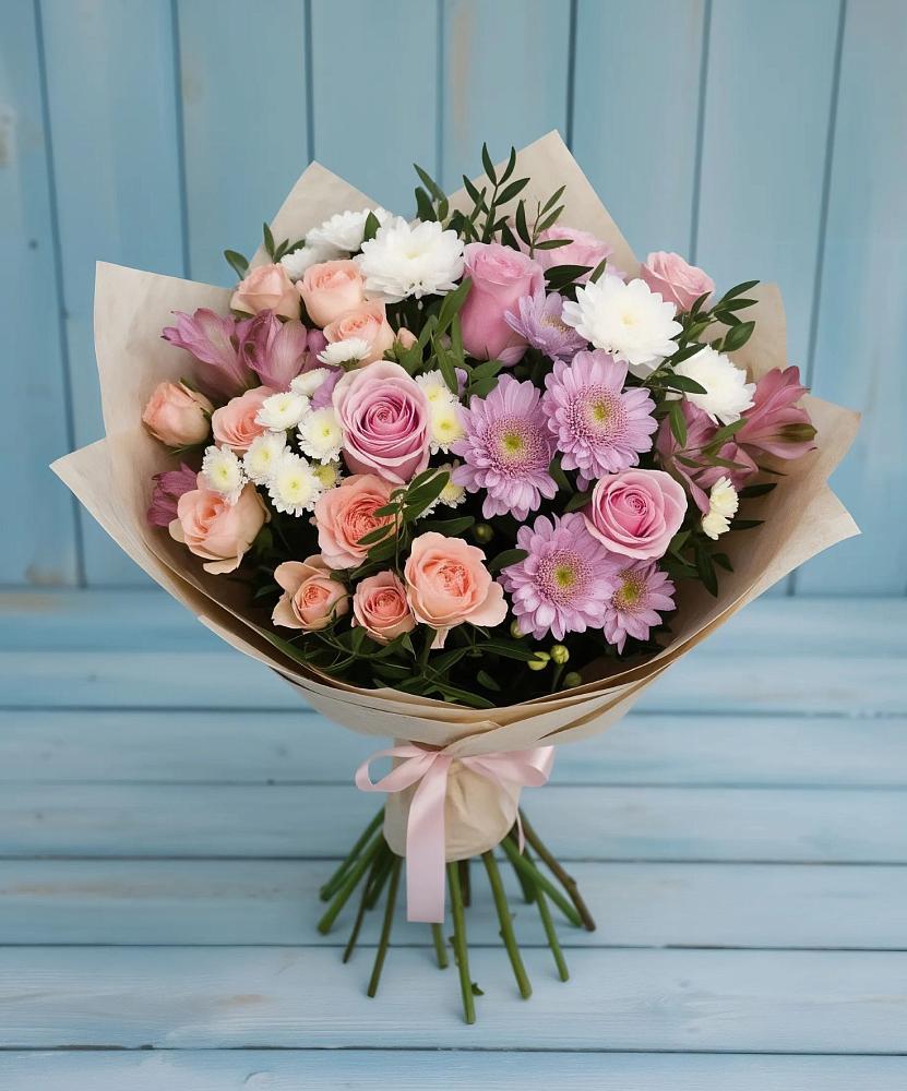 Букет цветов из: Хризантемы, Розы и Альстромерии в Мысхако